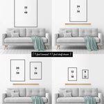 The image is a collage of four photographs showing different sizes of framed artworks displayed on a wall.