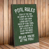 a pool rules sign on a wooden floor