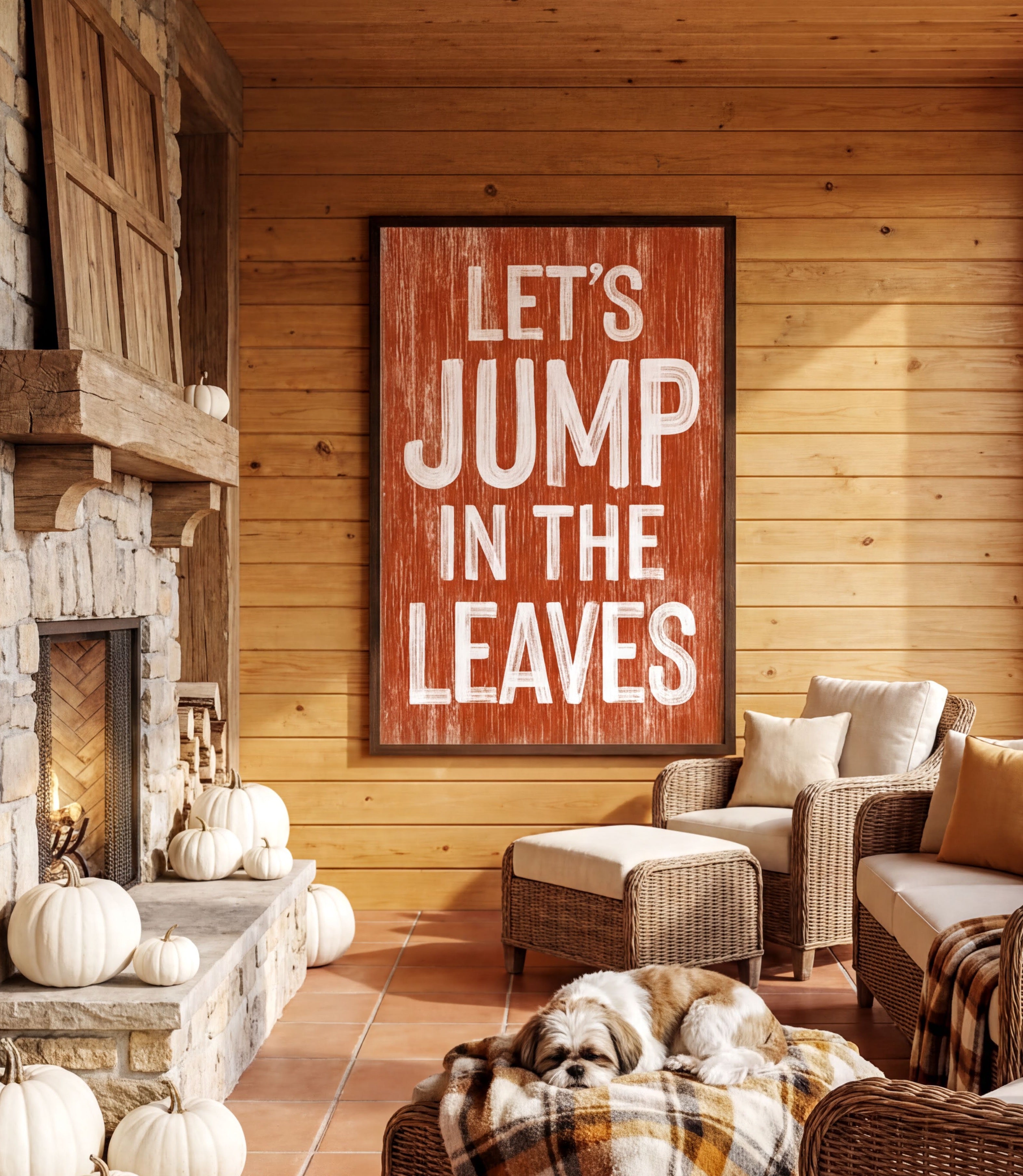 a cozy living room with a rustic wooden wall, a fireplace, and a large wooden sign that reads "Let's JUMP IN THE LEAVES".