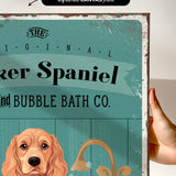a vintage-style poster with a dog illustration and text, including the words "The Original Baker Spaniel" and "Bubble Bath Co."