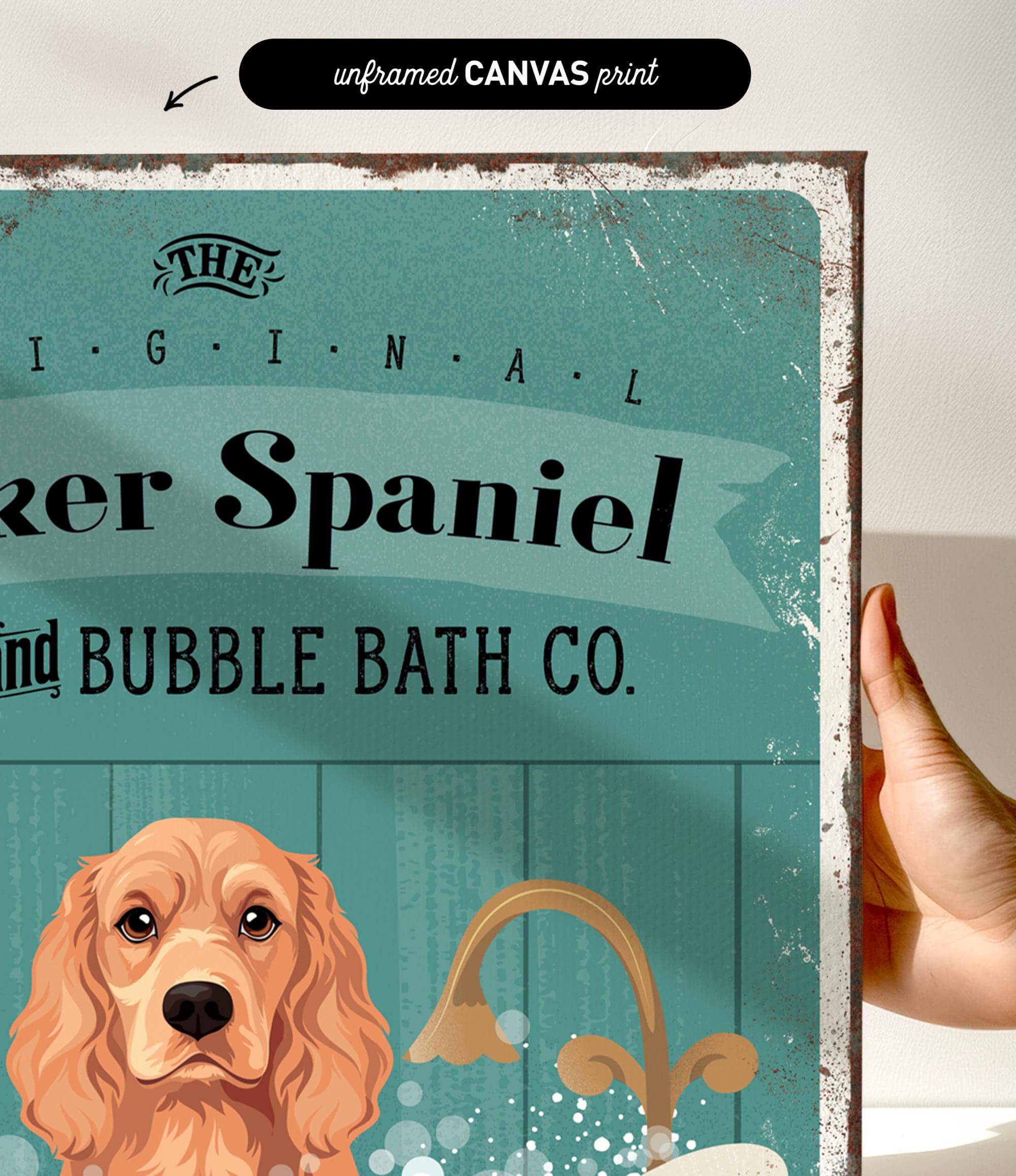 a vintage-style poster with a dog illustration and text, including the words "The Original Baker Spaniel" and "Bubble Bath Co."