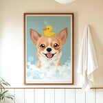A framed illustration of a dog with a yellow rubber duck on its head, surrounded by bubbles, is displayed on a wall in a bathroom.