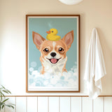 A framed illustration of a dog with a yellow rubber duck on its head, surrounded by bubbles, is displayed on a wall in a bathroom.