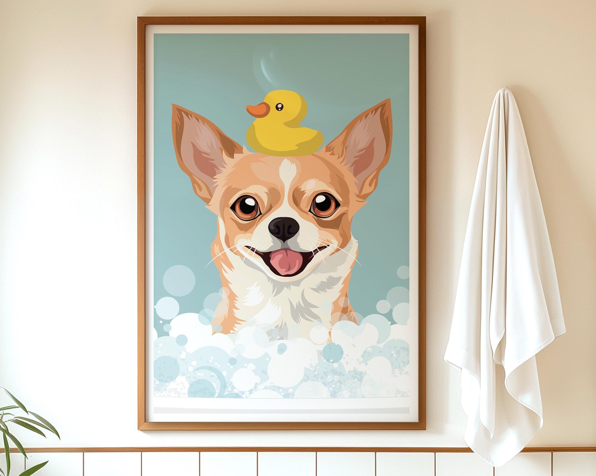 A framed illustration of a dog with a yellow rubber duck on its head, surrounded by bubbles, is displayed on a wall in a bathroom.