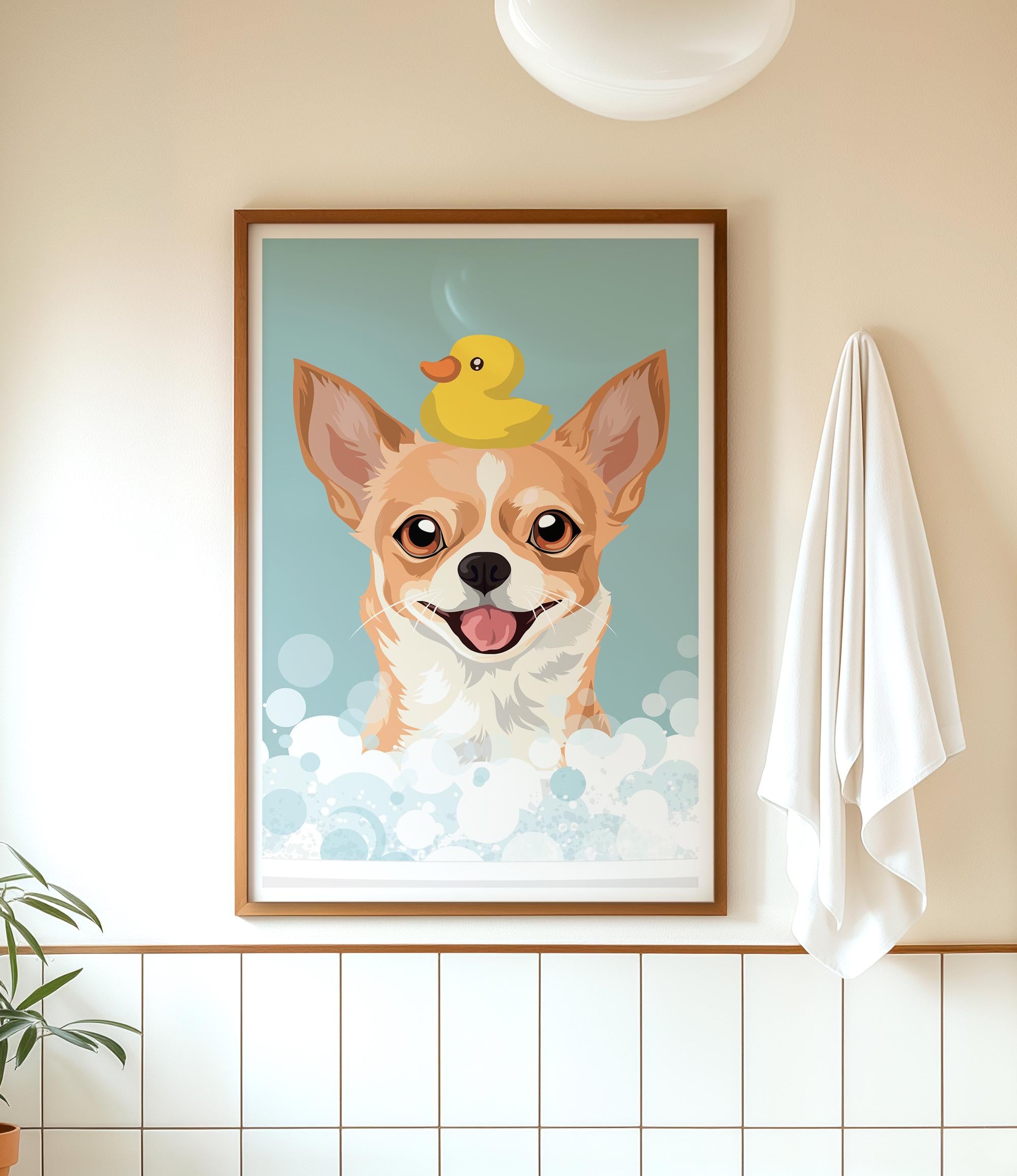 A framed illustration of a dog with a yellow rubber duck on its head, surrounded by bubbles, is displayed on a wall in a bathroom.