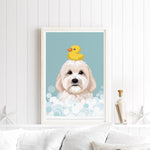 A framed illustration of a dog with a yellow rubber duck on its head, set against a blue background with bubbles.