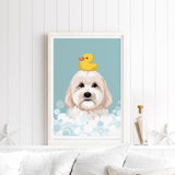 A framed illustration of a dog with a yellow rubber duck on its head, set against a blue background with bubbles.