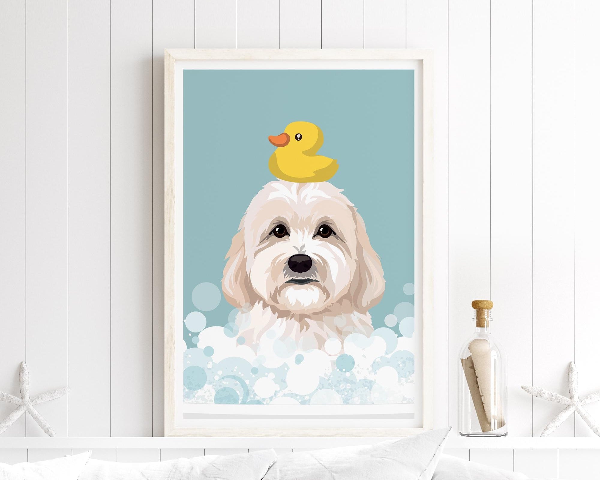 A framed illustration of a dog with a yellow rubber duck on its head, set against a blue background with bubbles.