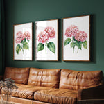 a cozy living room with a brown leather couch and three framed watercolor paintings of pink hydrangeas hanging on the wall above it.