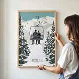 A woman is standing in front of a framed poster depicting a ski lift with two people on it.