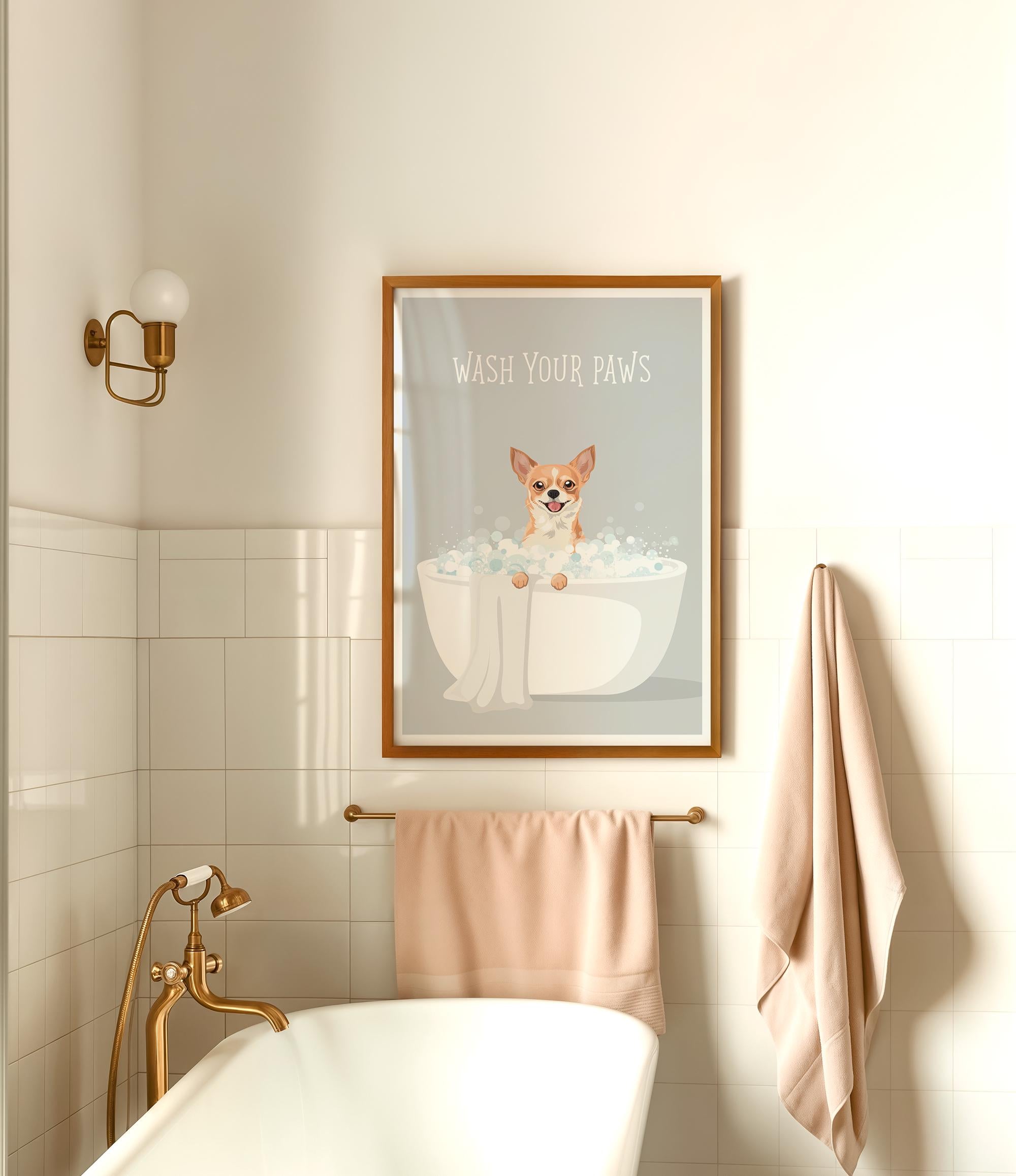 A framed poster with a cartoon image of a dog sitting in a bathtub, along with the text "WASH YOUR PAWS" is displayed on the wall above a white bathtub in a bathroom.