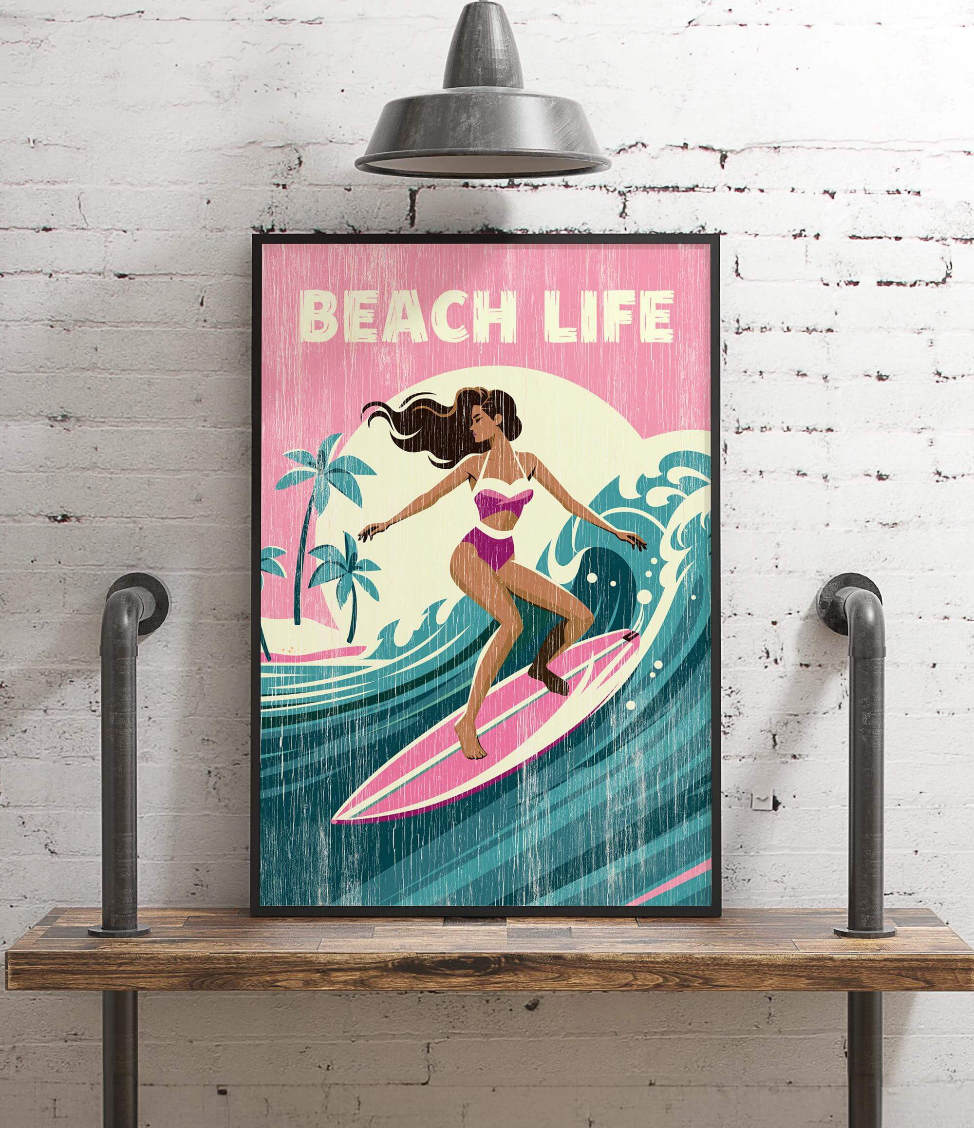 A framed poster of a woman surfing on a wave, with the text "BEACH LIFE" prominently displayed.