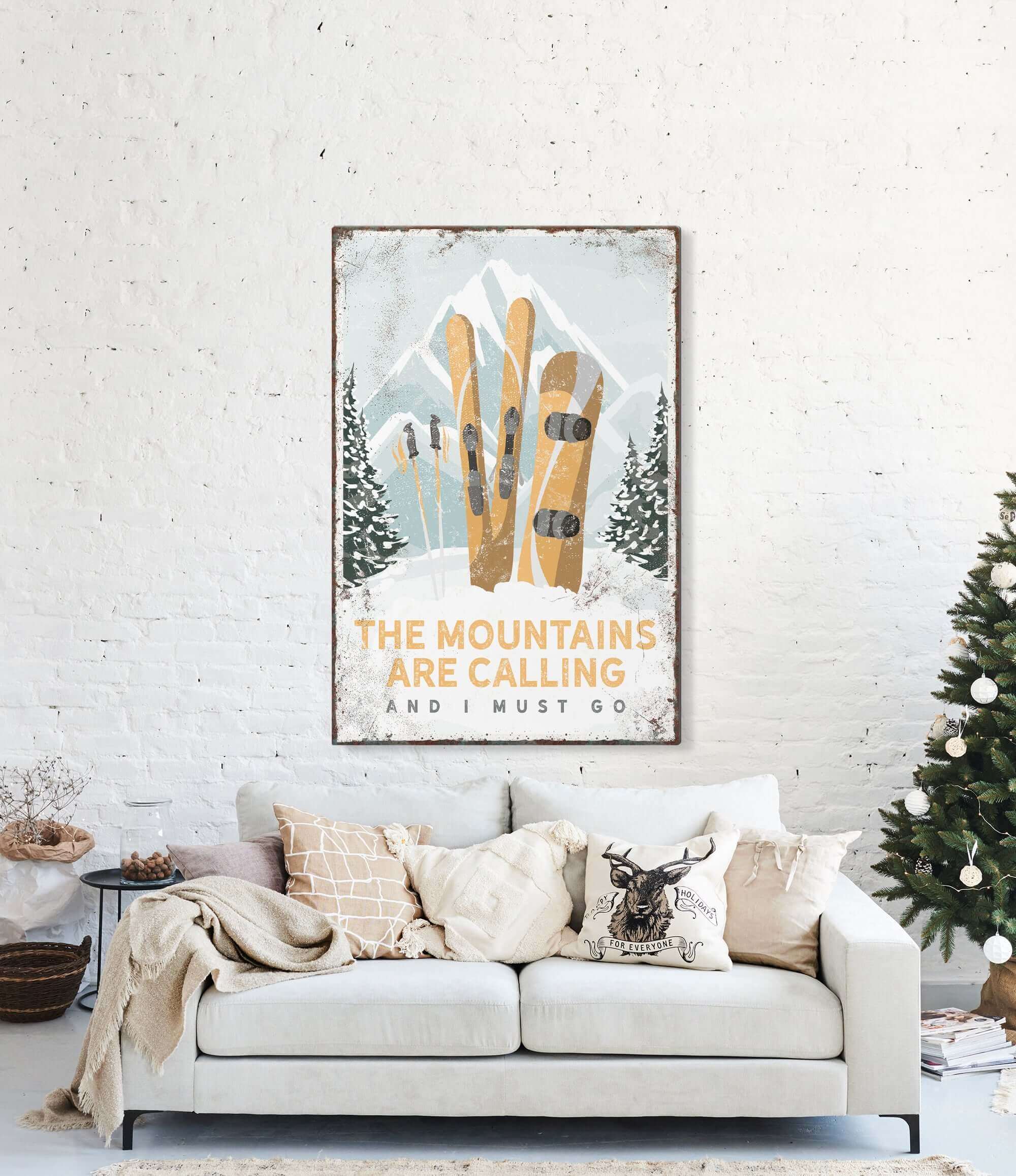 a living room with a couch and a christmas tree