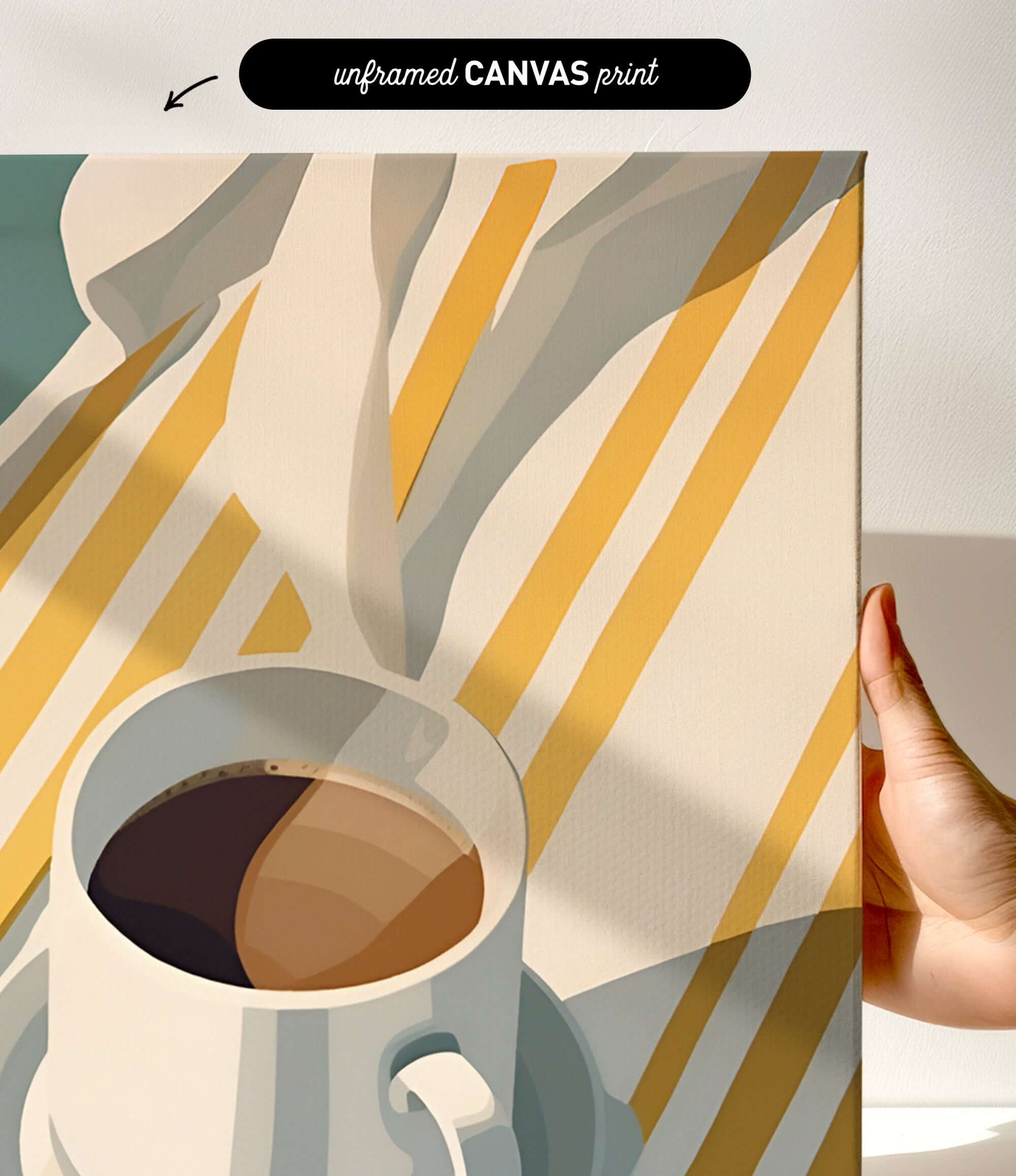 a hand holding a white mug filled with coffee, set against a background of yellow and white striped fabric.