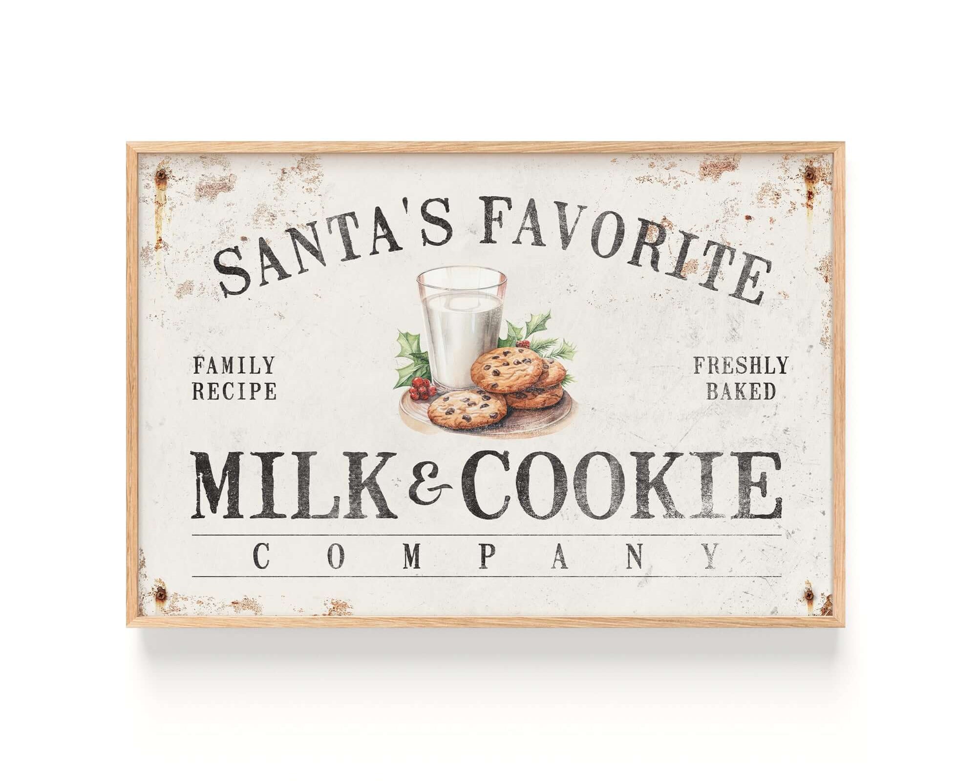a sign that says santa's favorite milk and cookie company