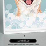The image is an illustration of a dog's face with bubbles surrounding it, and it is an "Aluminum print" that is waterproof and perfect for outdoor use, as well as including hanging hardware.