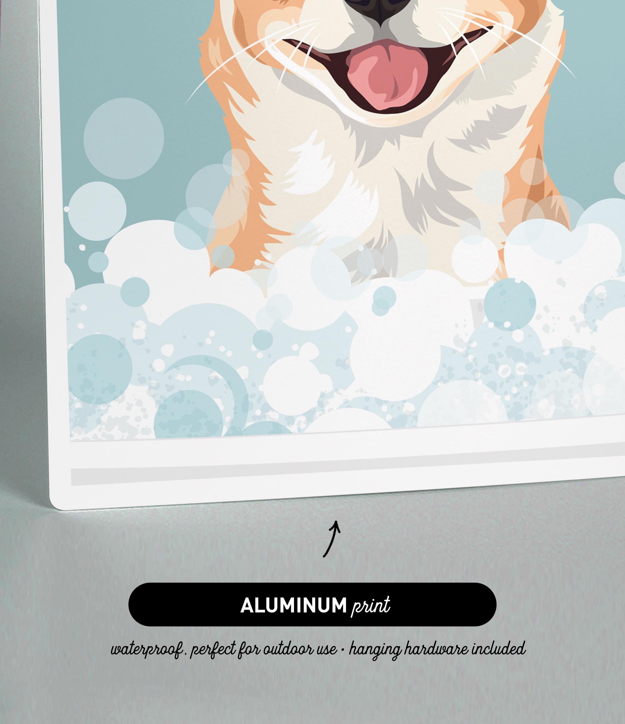 The image is an illustration of a dog's face with bubbles surrounding it, and it is an "Aluminum print" that is waterproof and perfect for outdoor use, as well as including hanging hardware.
