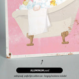 The image is an aluminum print depicting a bathtub filled with bubbles and a yellow rubber duck.
