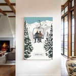 a cozy indoor setting with a fireplace, a large vase, and a poster of a ski lift with two people on it.
