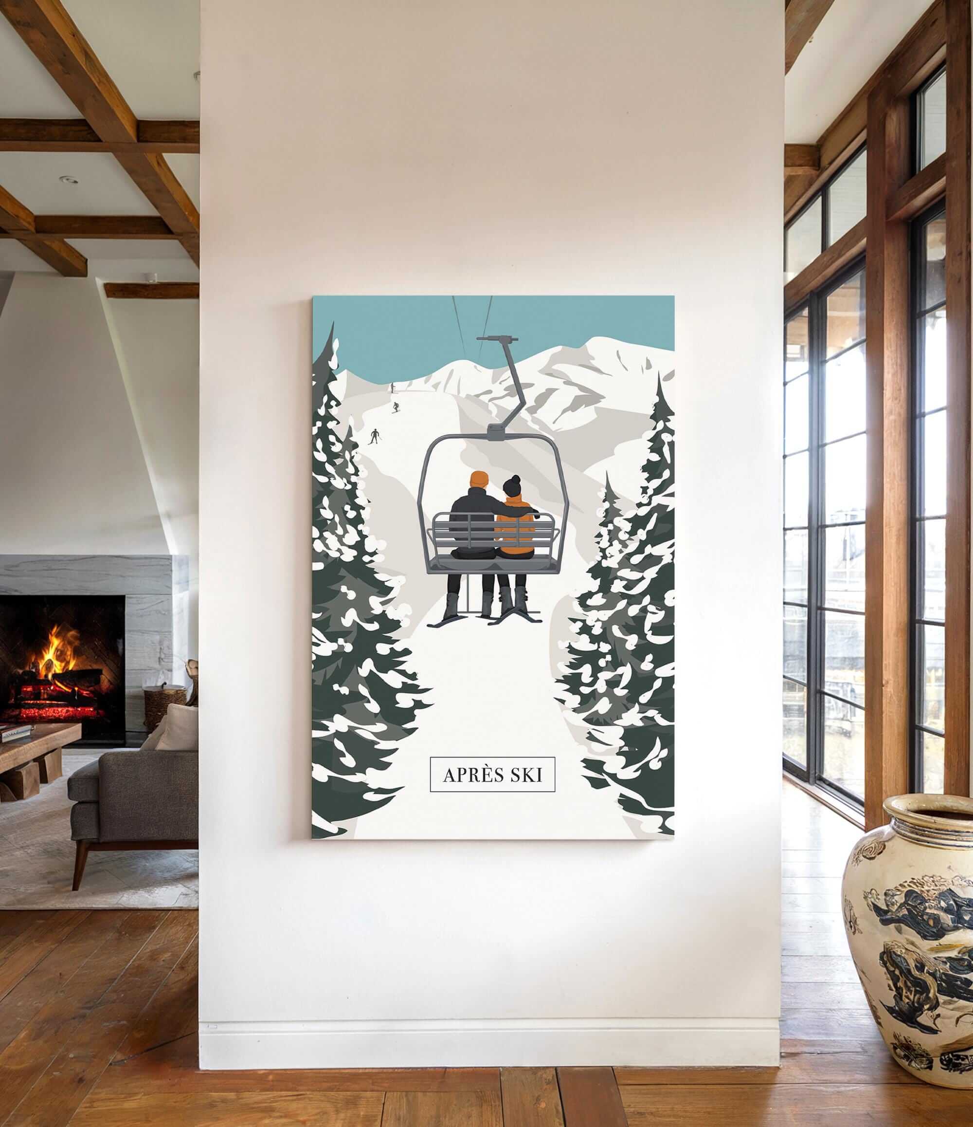 a cozy indoor setting with a fireplace, a large vase, and a poster of a ski lift with two people on it.
