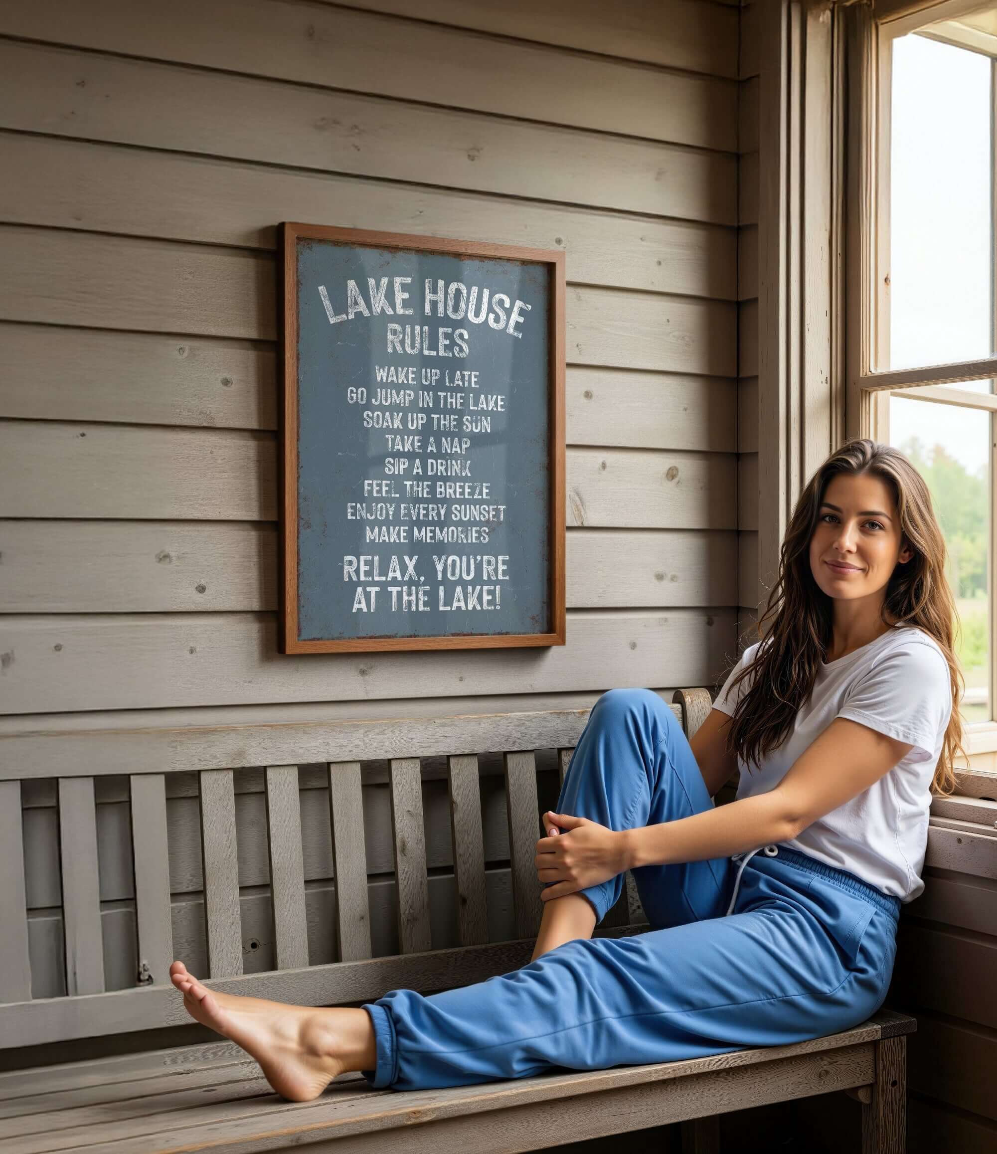 A woman is sitting on a bench in front of a sign that provides rules for the Lake House.