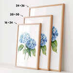 three framed watercolor paintings of blue hydrangea flowers, each with a different size and frame.