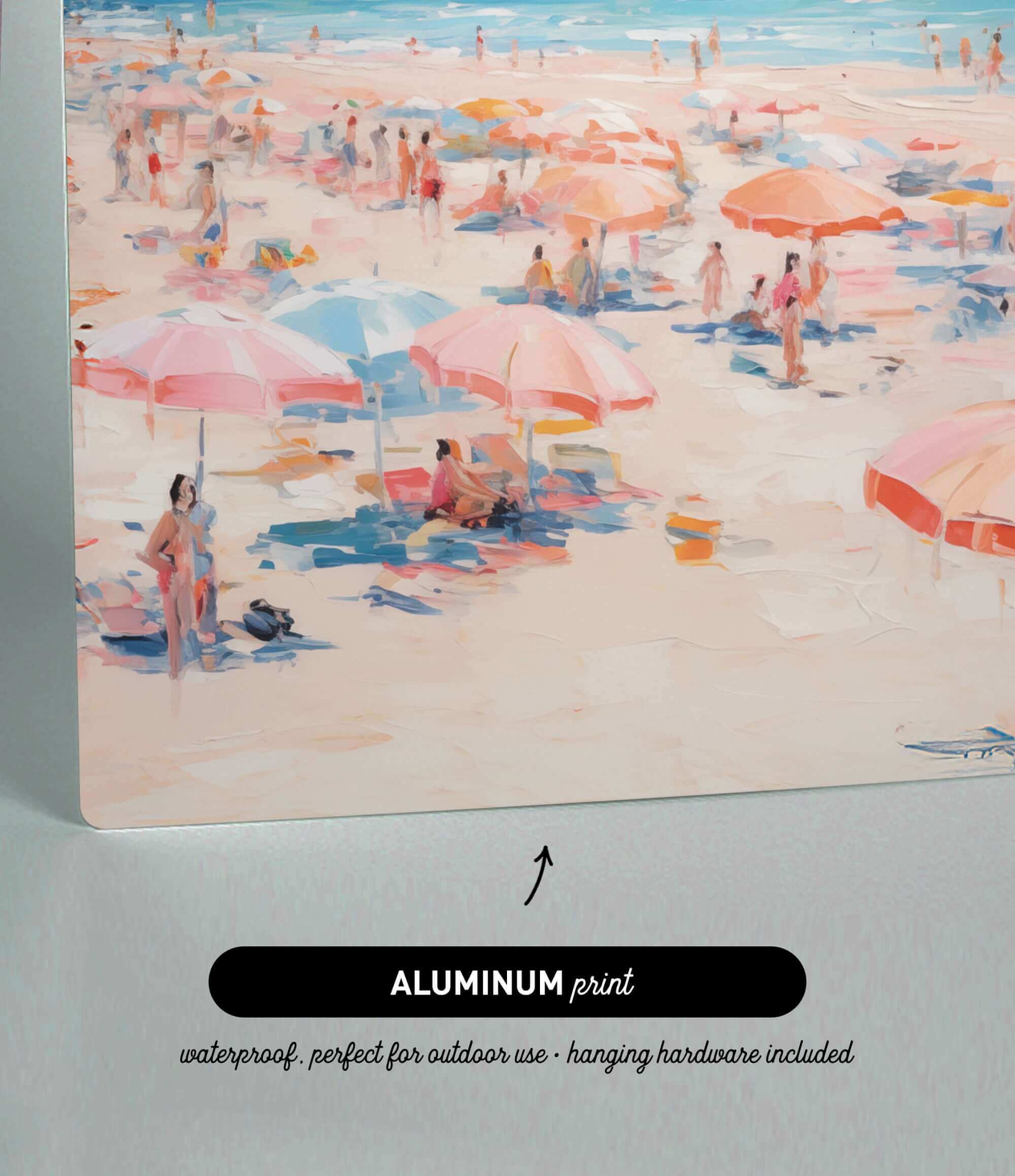 The image is an aluminum print depicting a beach scene with many people and umbrellas.