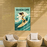 a beach-themed poster with a woman surfing on a wave, hanging on a wall above two woven chairs.