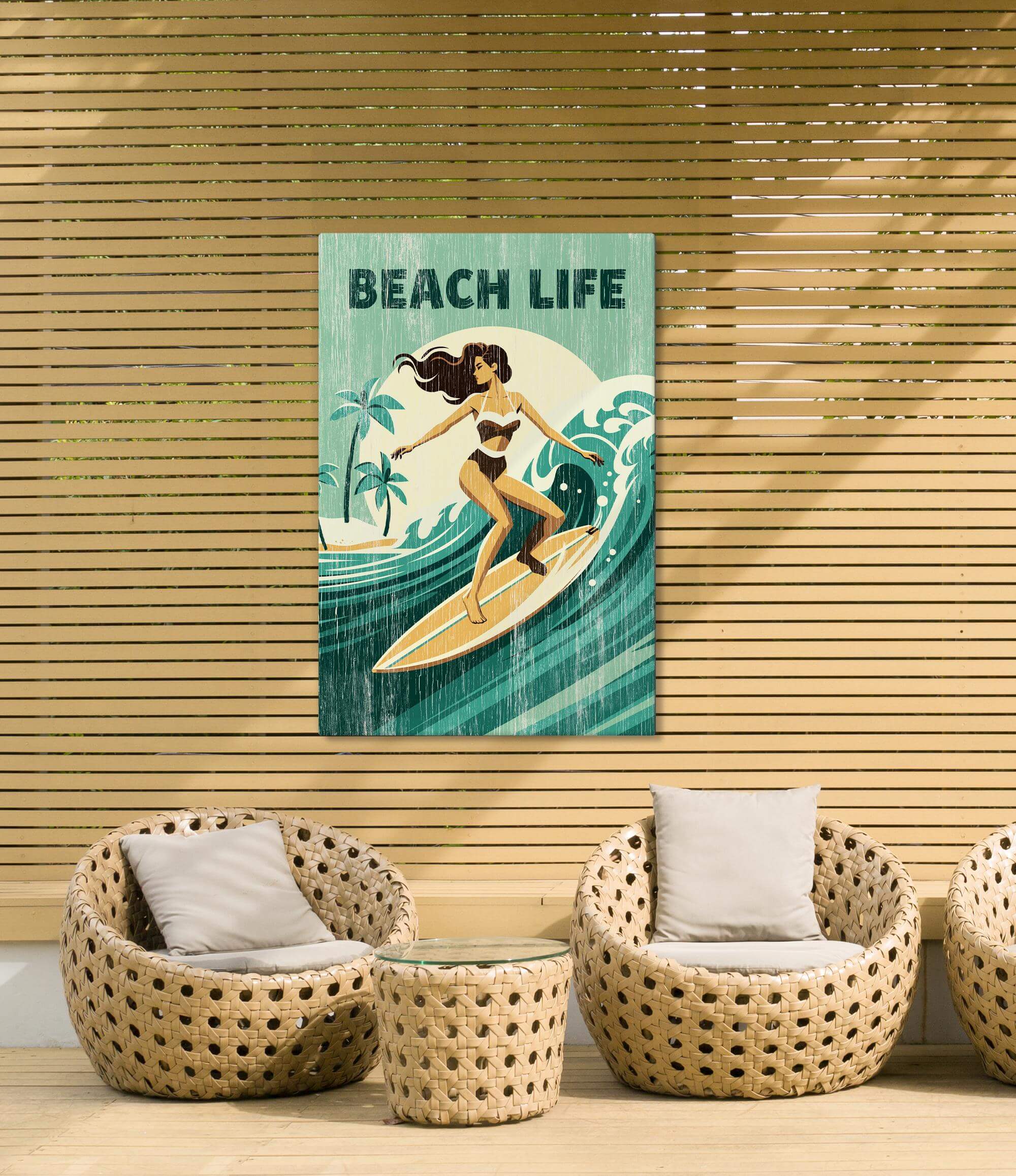 a beach-themed poster with a woman surfing on a wave, hanging on a wall above two woven chairs.