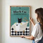 a woman holding a black cat soap and bubble bath poster