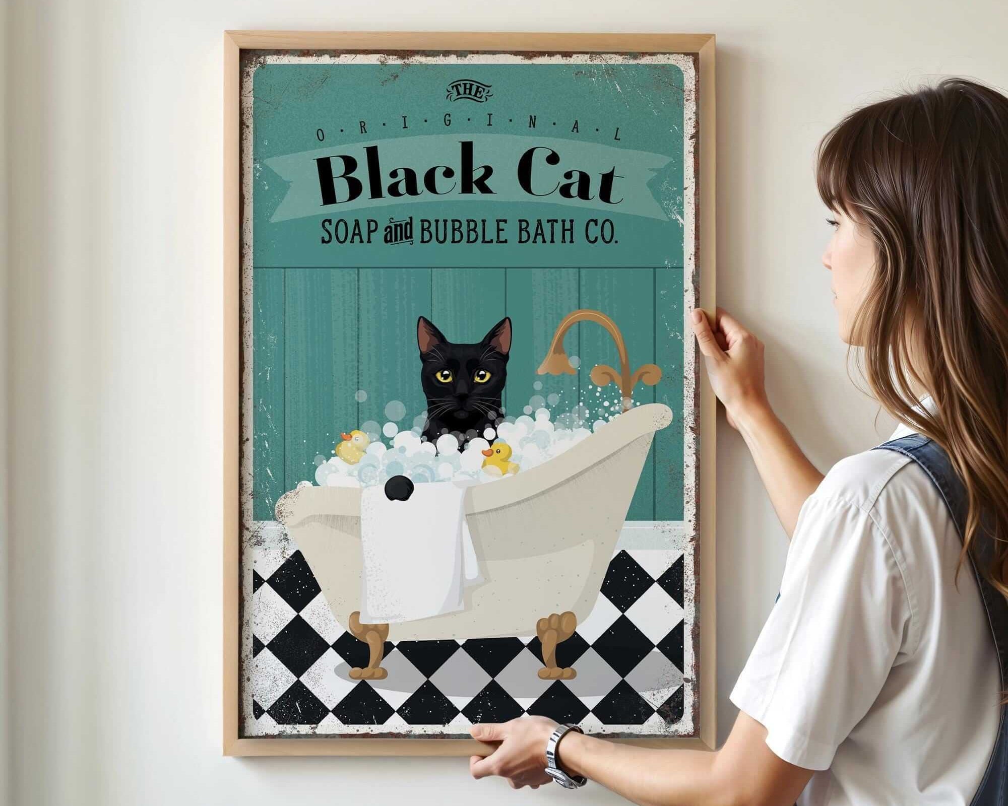 a woman holding a black cat soap and bubble bath poster