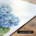 a close-up view of a watercolor painting of blue hydrangea flowers on a white background.