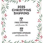 The image is a Christmas shipping advertisement with a festive border of red berries and green leaves. It announces free shipping until December 9th and a lightning upgrade until December 16th.