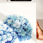 a close-up of a watercolor painting of blue hydrangea flowers.