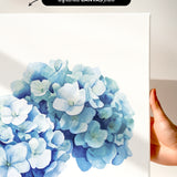 a close-up of a watercolor painting of blue hydrangea flowers.