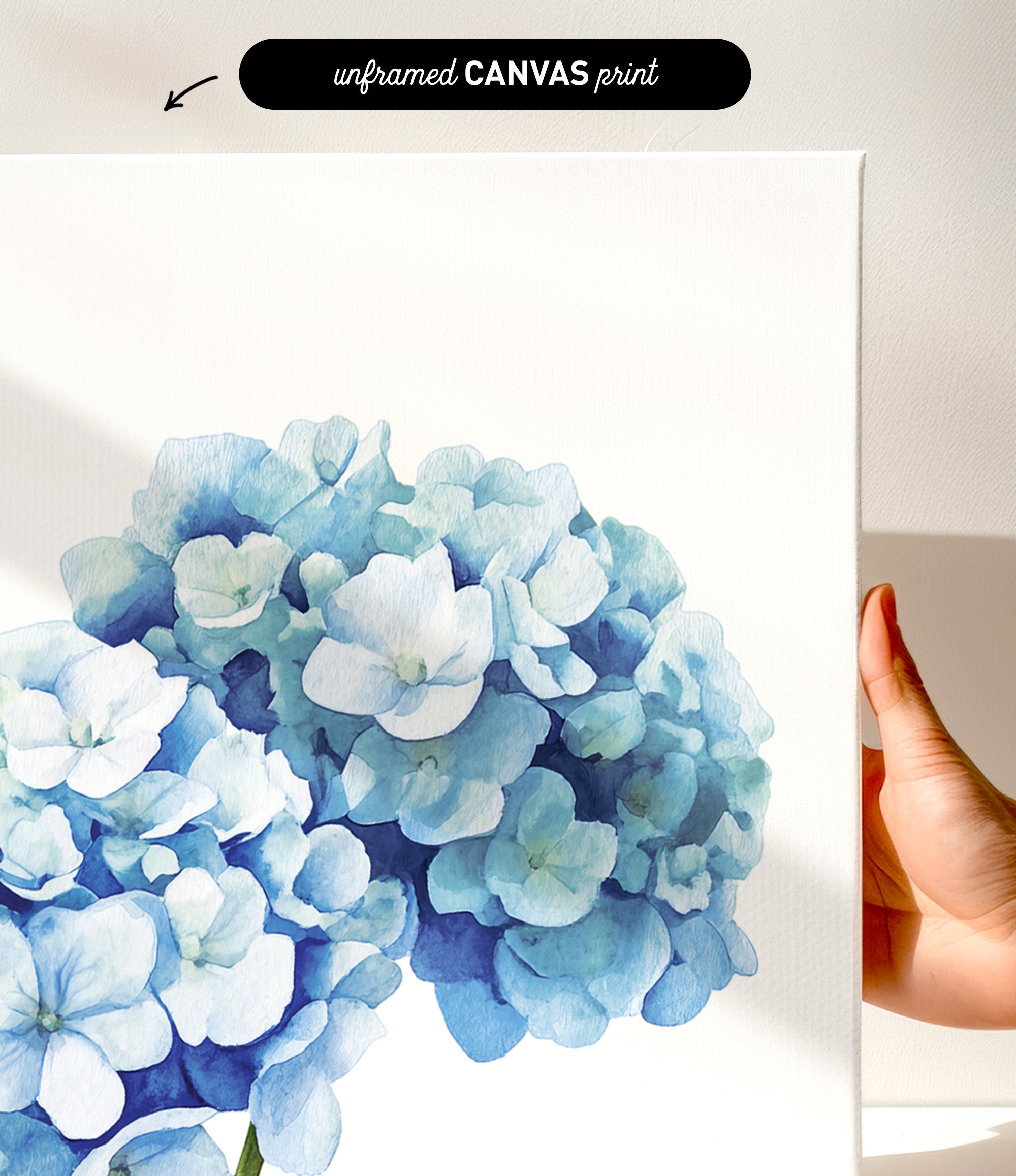 a close-up of a watercolor painting of blue hydrangea flowers.