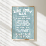 The Beach House Rules Sign, Painted Wood, Tide features fun guidelines on a blue background—sunlit and perfect as coastal wall art.