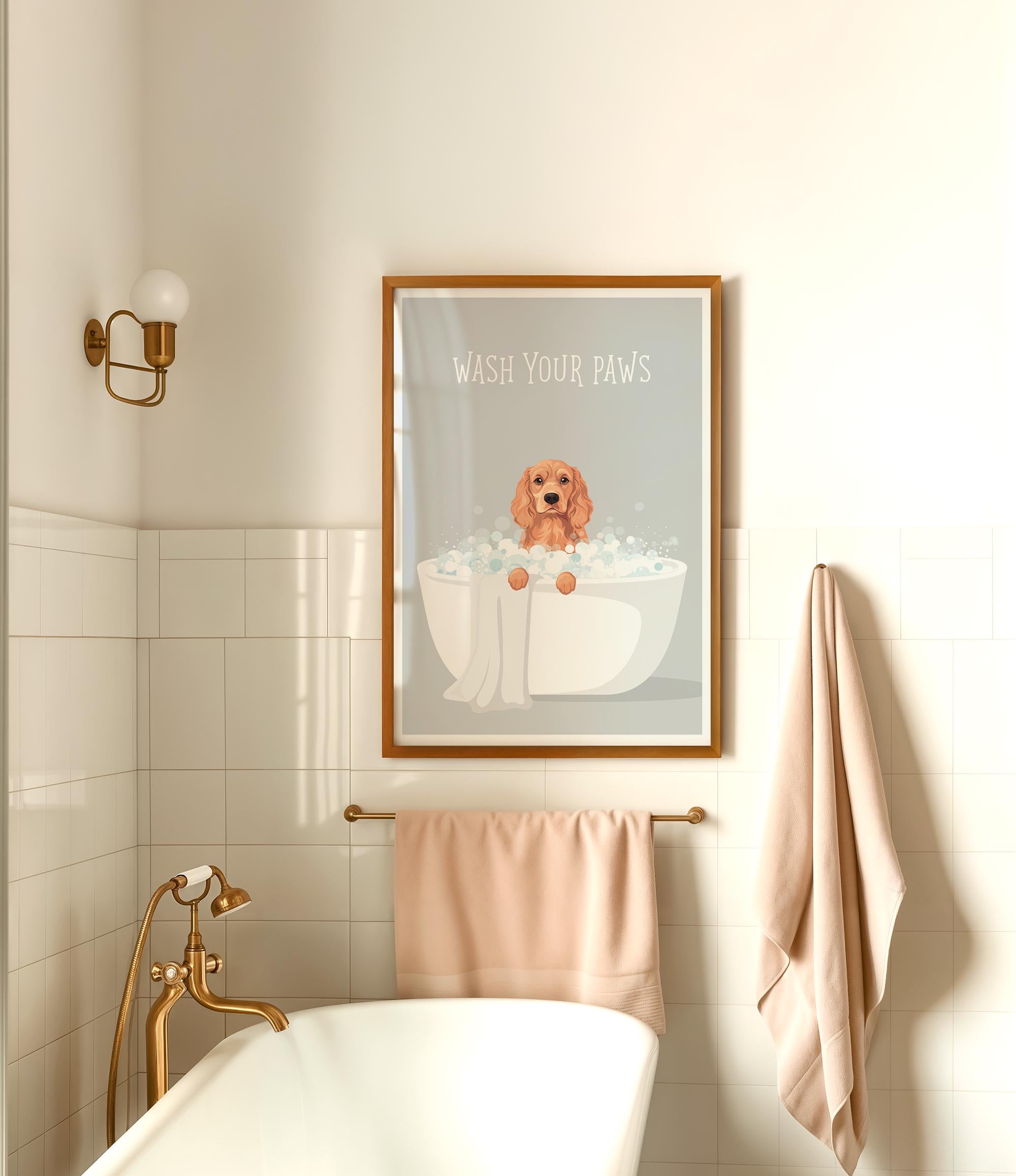 A framed poster with a dog sitting in a bathtub, accompanied by the text "WASH YOUR PAWS" in a light color scheme.