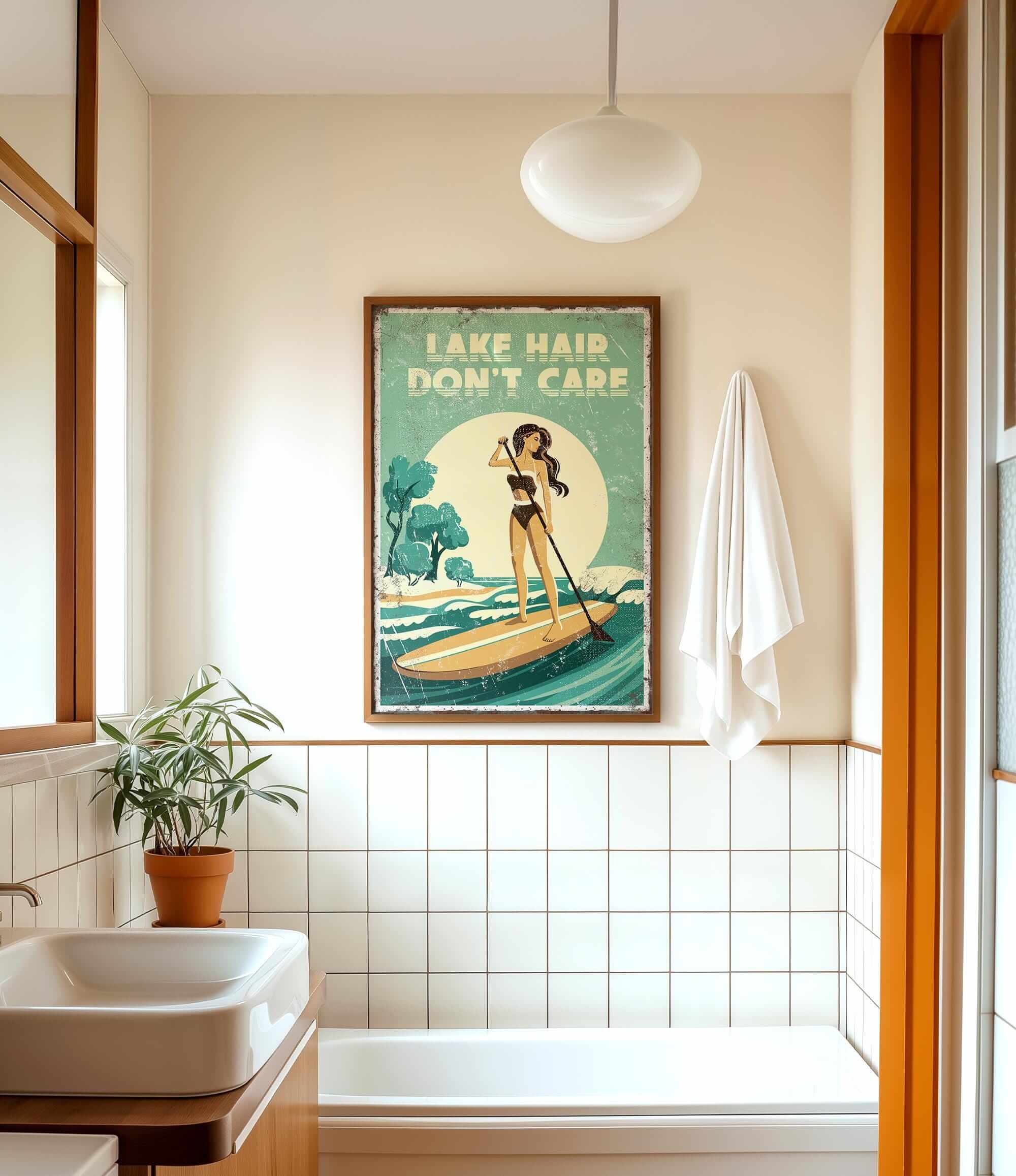 a bathroom with a framed vintage poster of a woman paddleboarding on a lake, a towel hanging on the wall, and a potted plant on the floor.