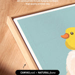 a close-up view of a framed artwork with a yellow duck on a blue background.