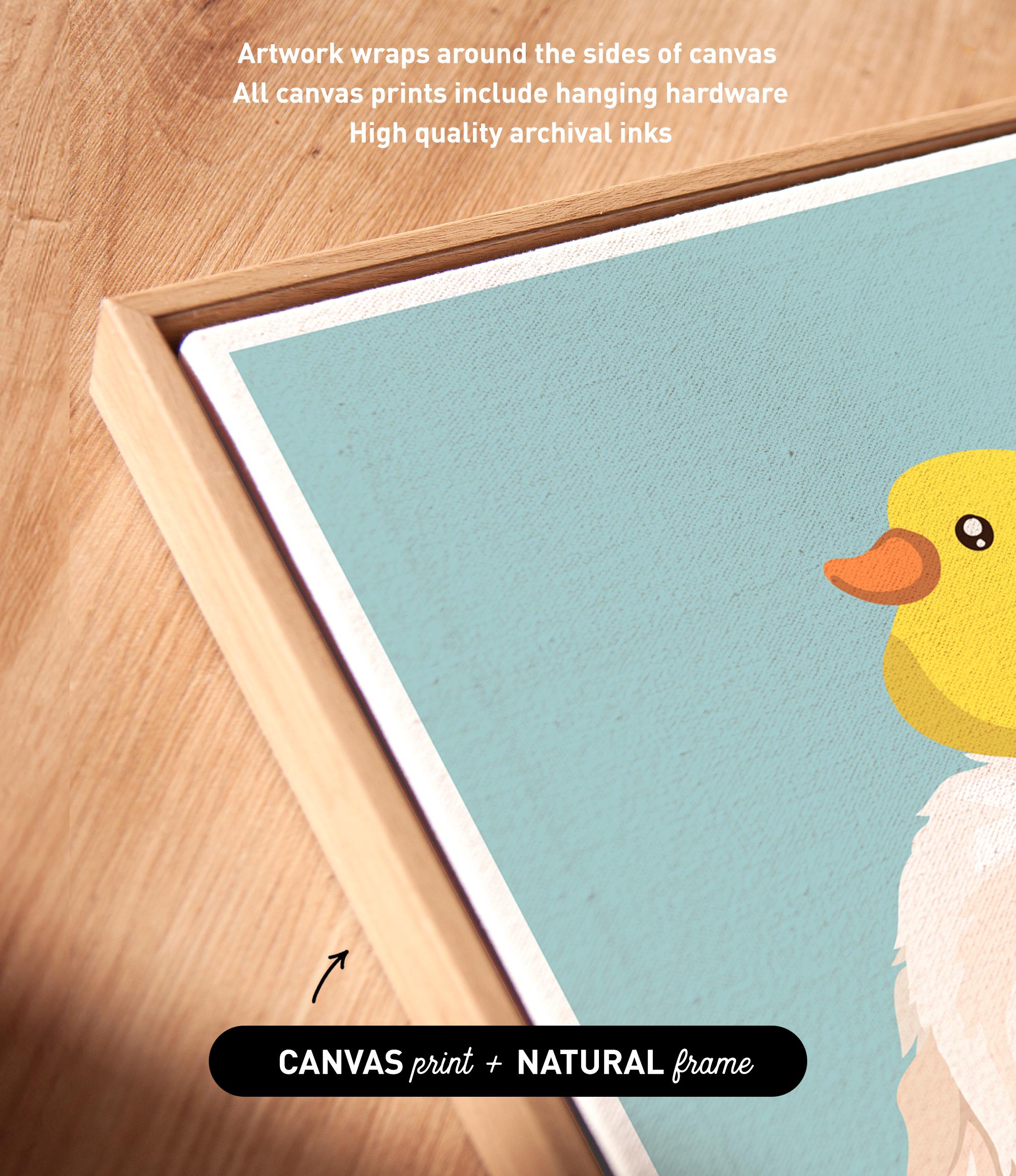 a close-up view of a framed artwork with a yellow duck on a blue background.