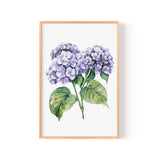 The image is a framed watercolor painting depicting a cluster of purple hydrangea flowers with green leaves.