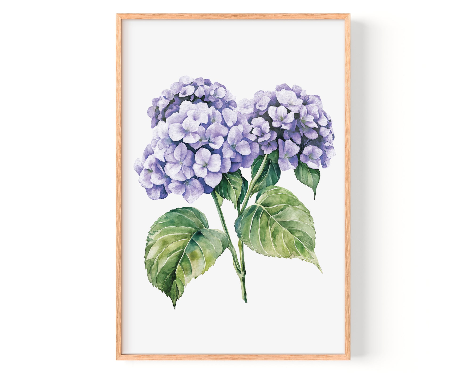 The image is a framed watercolor painting depicting a cluster of purple hydrangea flowers with green leaves.