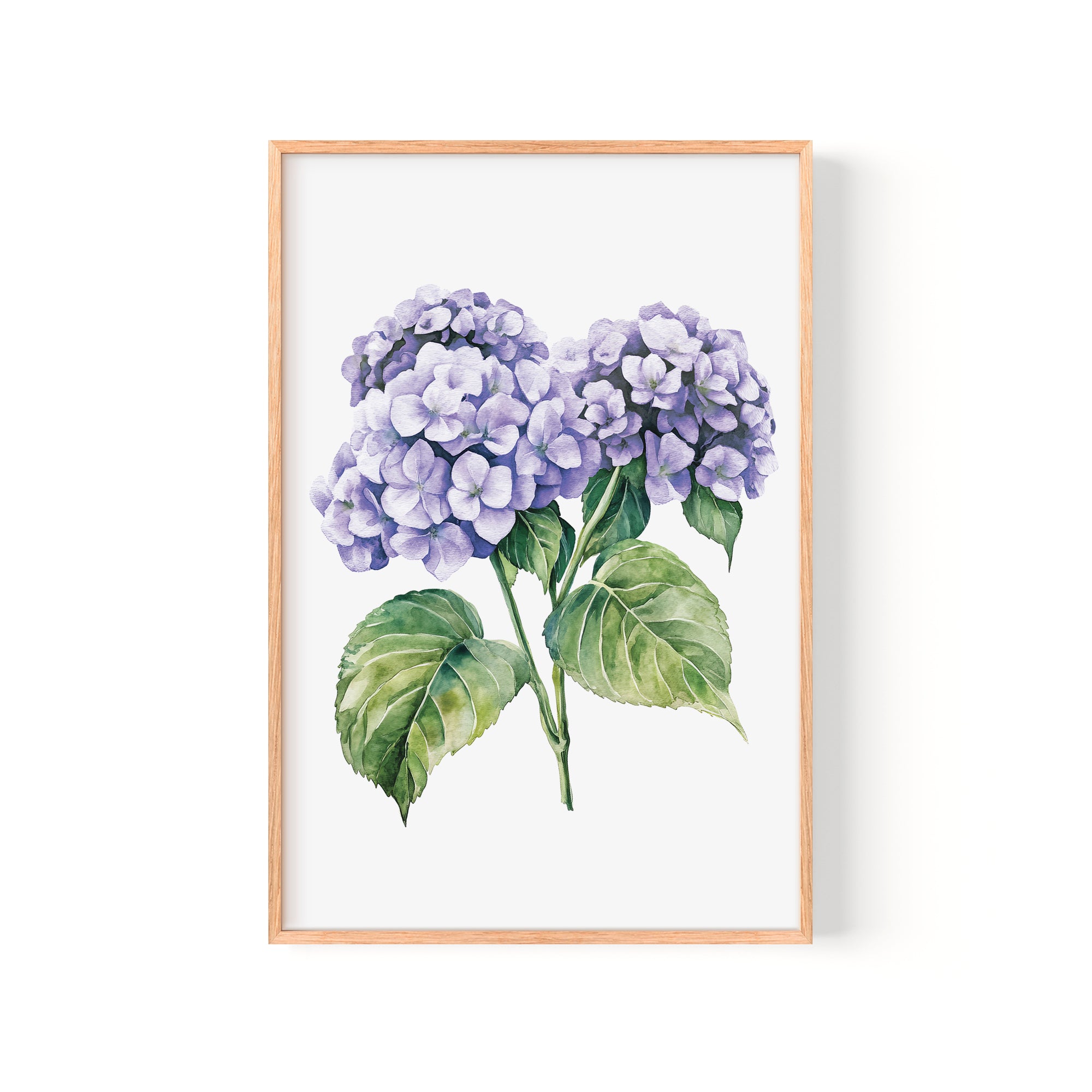 The image is a framed watercolor painting depicting a cluster of purple hydrangea flowers with green leaves.