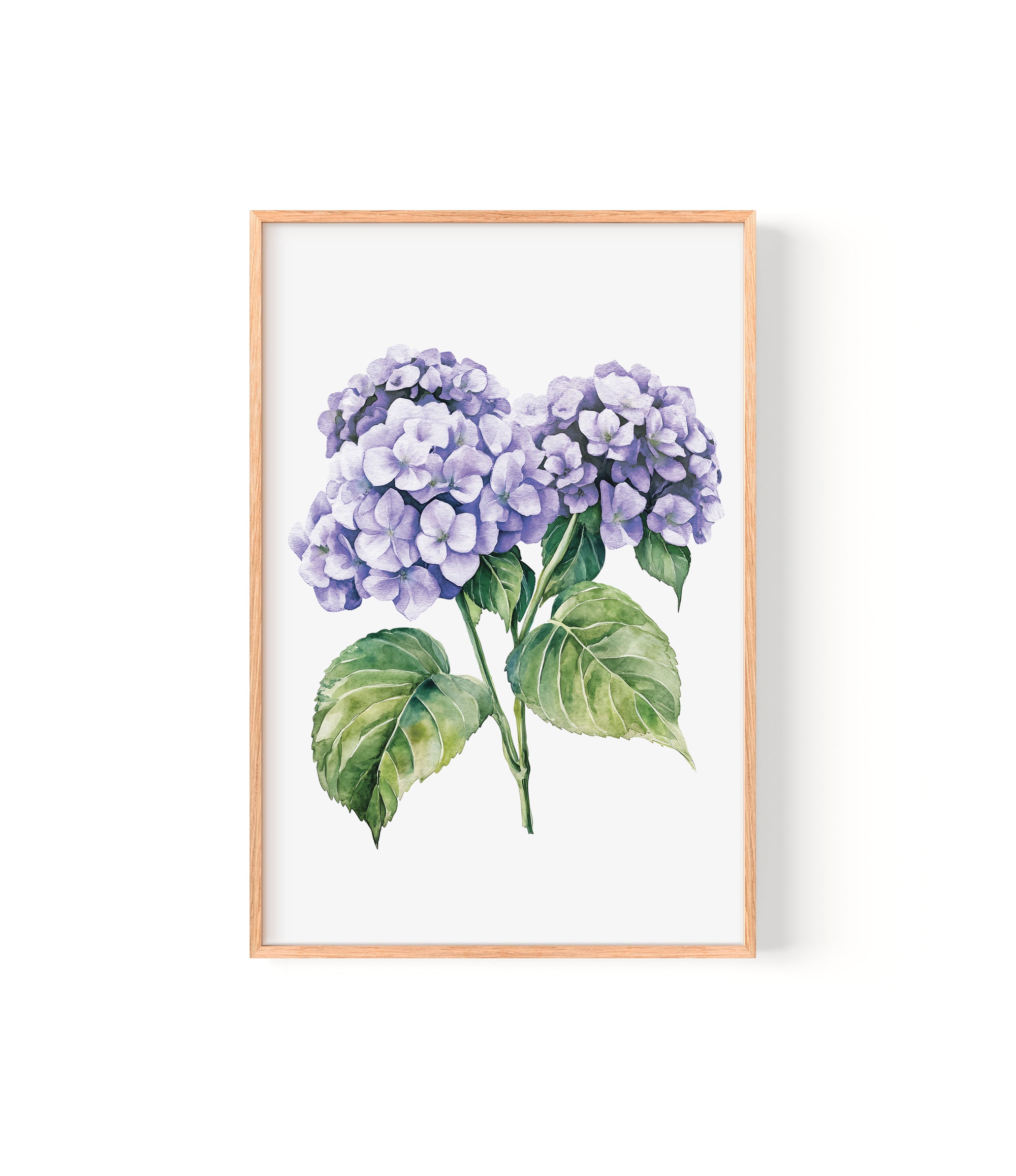 The image is a framed watercolor painting depicting a cluster of purple hydrangea flowers with green leaves.