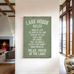 a sign that reads "LAKESHOUSE RULES" hanging on a wall in a room with a fireplace and a vase.