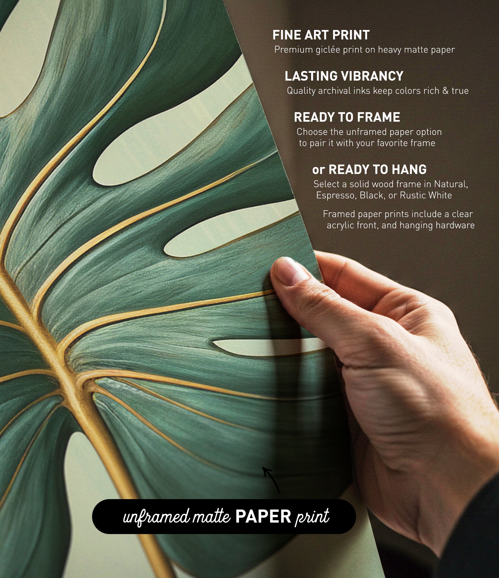 The image is a hand holding a piece of paper with a close-up view of a green leaf with gold lines, and the text provides information about the paper print options.
