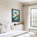 a bedroom with a large window, a white dresser, and a framed poster of a woman surfing on a blue wave.