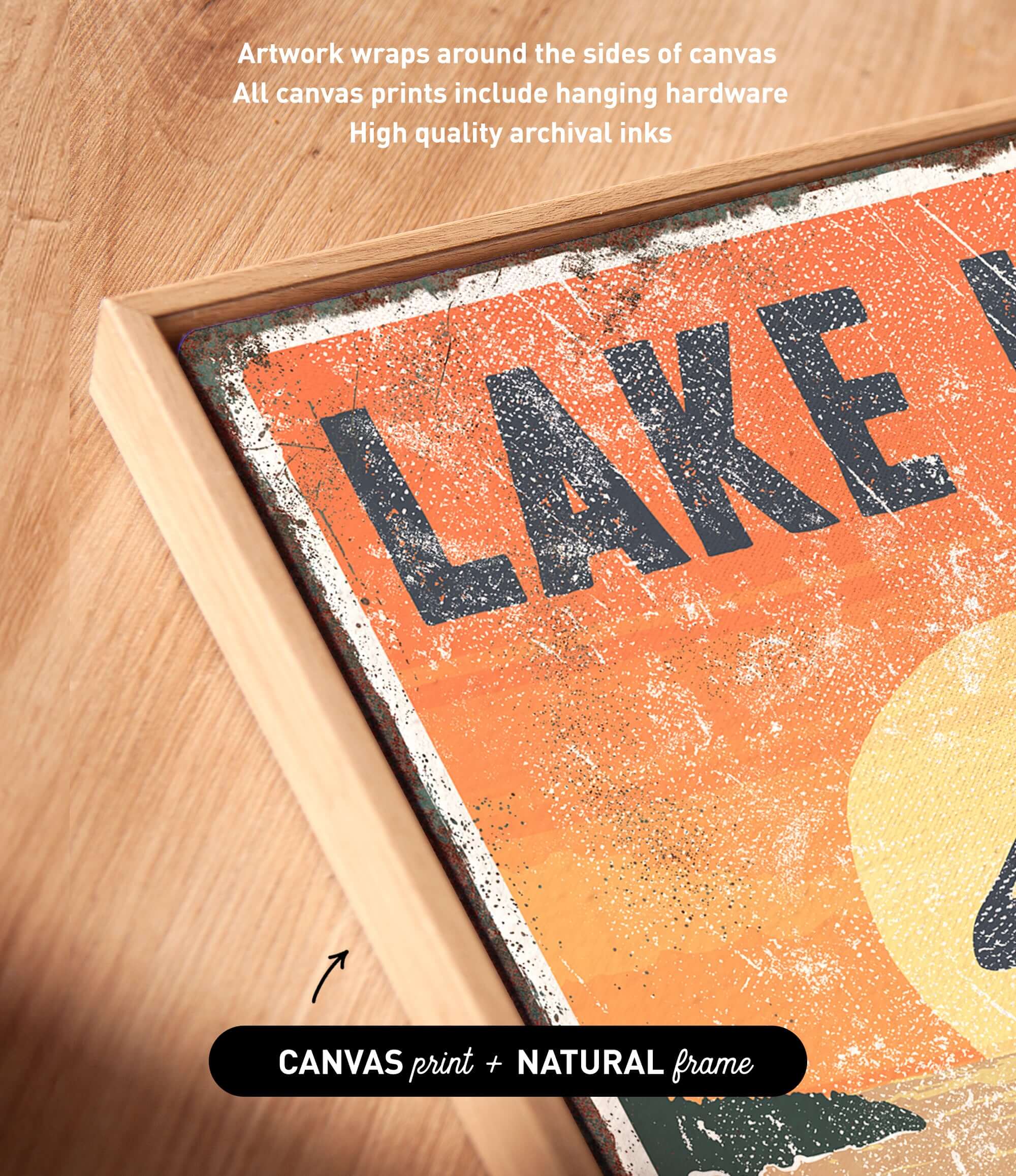 a picture of a lake sign on a wooden frame