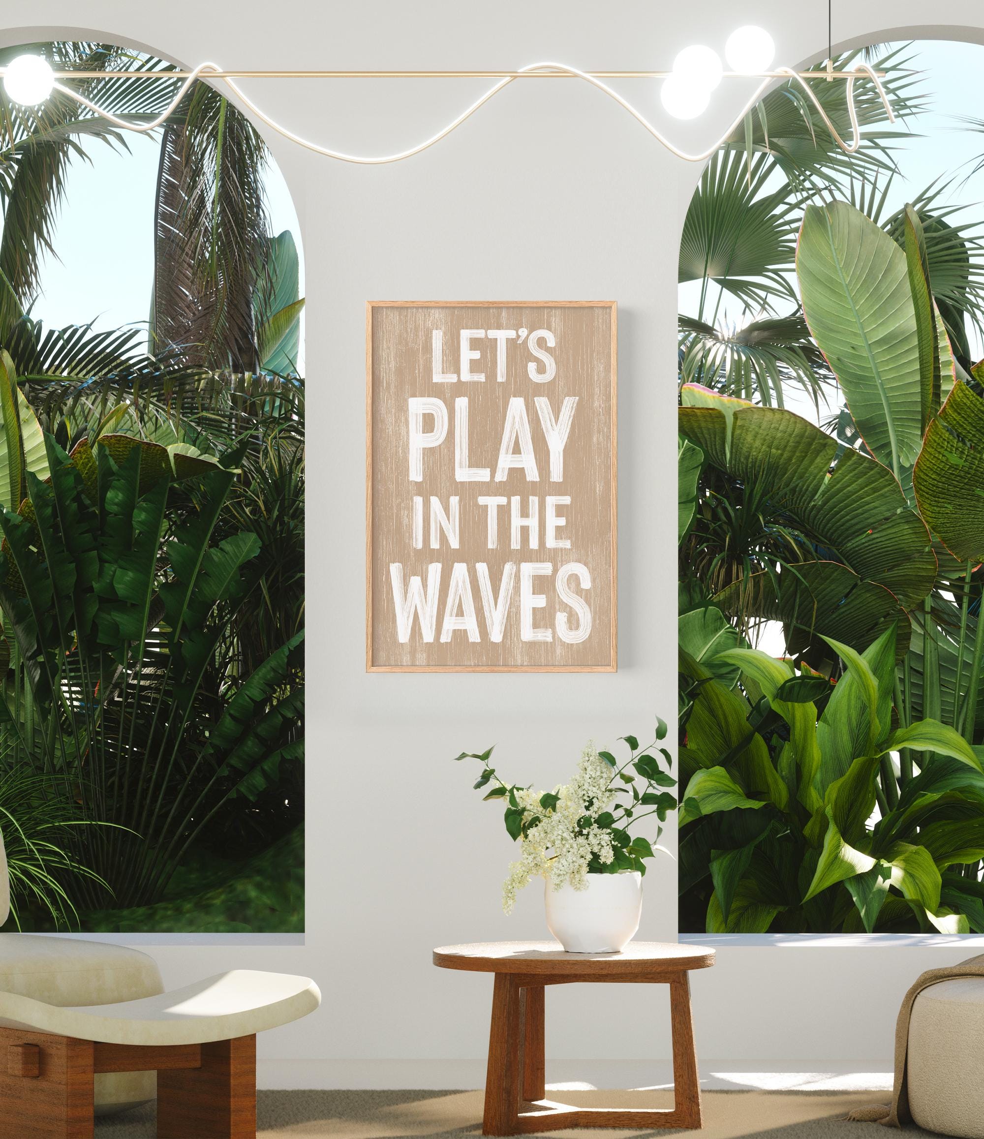 a living room with a plant and a sign on the wall